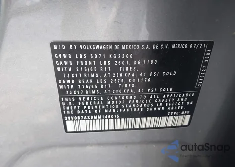 2021 Volkswagen Tiguan 2.0T S z USA, uszkodzony, nr VIN 3VV0B7AX9MM146075